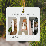 Trendy DAD Custom Photo Collage Ceramic Ornament<br><div class="desc">Capture unforgettable moments and transform them into a lasting memory with this custom-made Christmas gift for dad. Crafted with care, this stylish, modern Christmas ornament transforms your favourite family photos into a stunning collage, spelling out 'DAD' in bold sans serif typography. Add a personal touch with the names of your...</div>