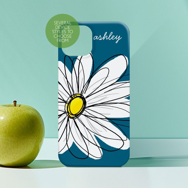Trendy Daisy Floral Illustration - blue and yellow Case-Mate iPhone Case (Personalized Phone Case with Custom Text)