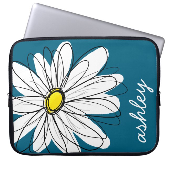 Trendy Daisy Floral Illustration - blue and yellow Laptop Sleeve (Front)