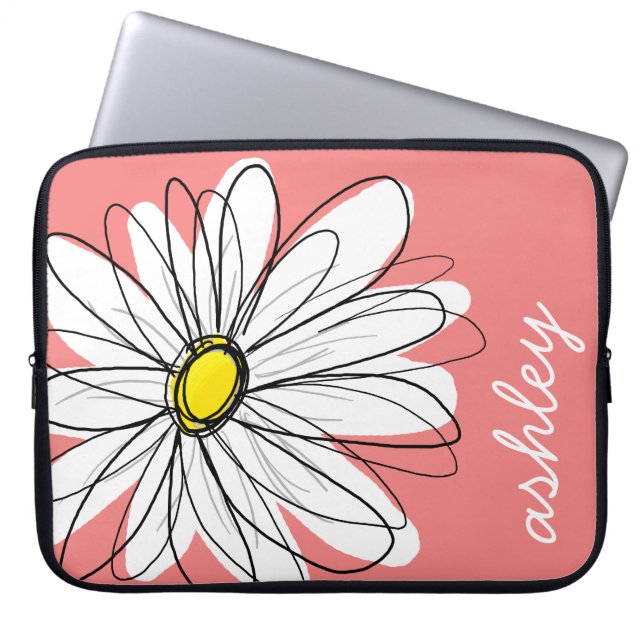 Trendy Daisy Floral Illustration - coral & yellow Laptop Sleeve (Front)