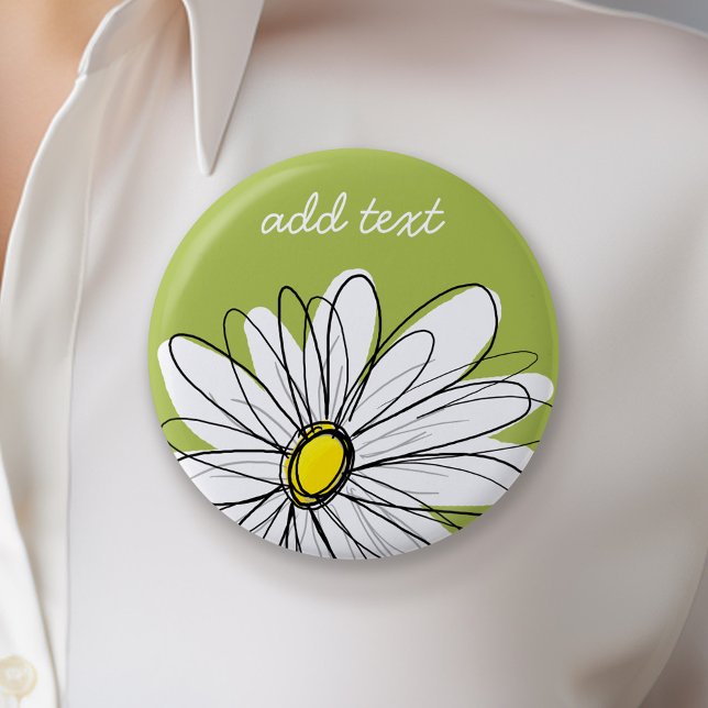 Trendy Daisy Floral Illustration - lime and yellow 6 Cm Round Badge (Personalized Button - Add Your Name)