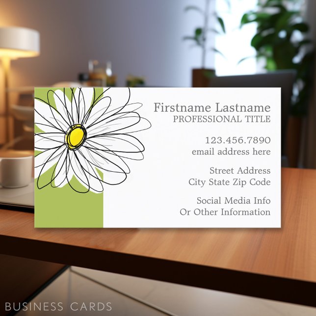 Trendy Daisy Floral Illustration - lime and yellow Business Card (Personalized Printed Business Cards)