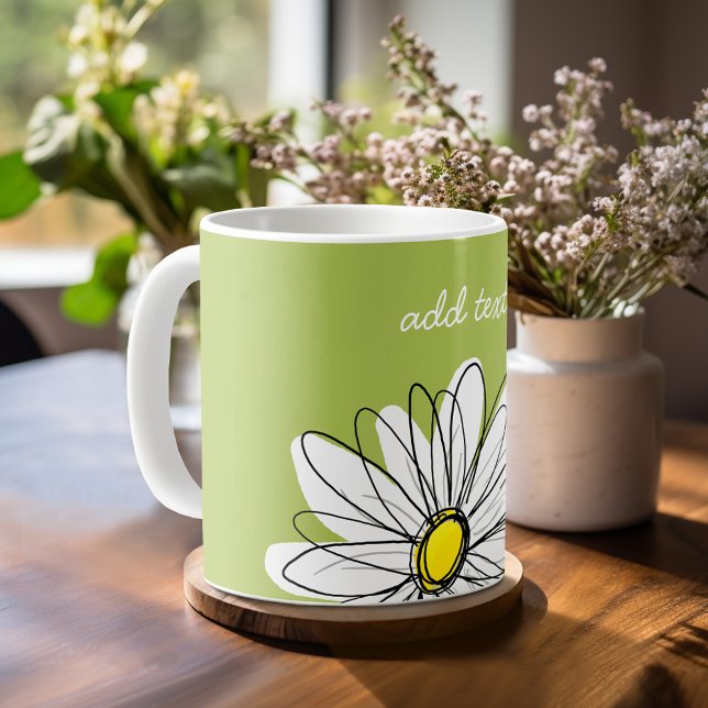 Trendy Daisy Floral Illustration - lime and yellow Coffee Mug (Mug template with a place for a name - whimsical daisy)