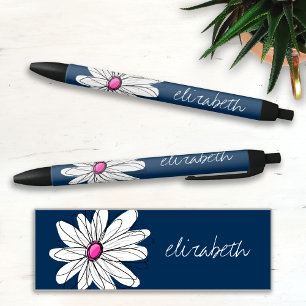 Trendy Daisy Floral Illustration - navy and pink Black Ink Pen