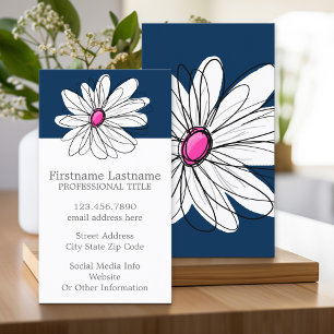 Trendy Daisy Floral Illustration - navy and pink Business Card