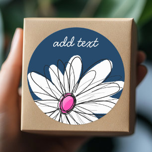Trendy Daisy Floral Illustration - navy and pink Classic Round Sticker