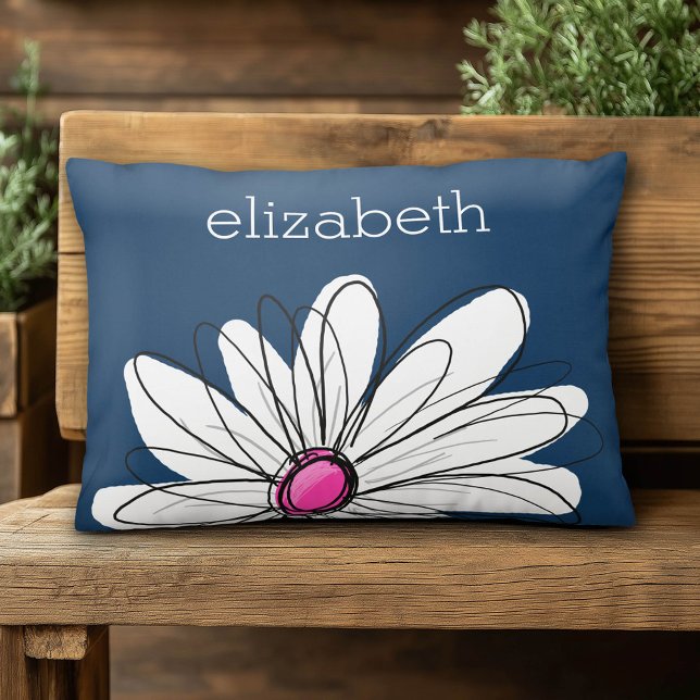 Trendy Daisy Floral Illustration - navy and pink Decorative Cushion (Custom Pillow)