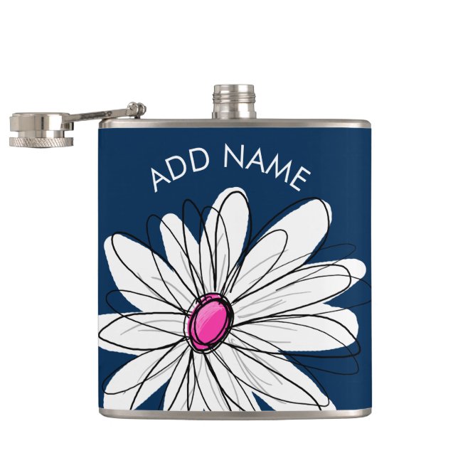 Trendy Daisy Floral Illustration - navy and pink Hip Flask (Opened)