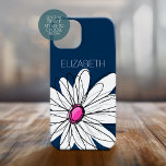 Trendy Daisy Floral Illustration - navy pink iPhone 15 Case<br><div class="desc">A zen and whimsical,  hipster piece of art. You can add a name,  monogram or other custom text. If you need to move the art around,  click on the customise button to make changes.</div>