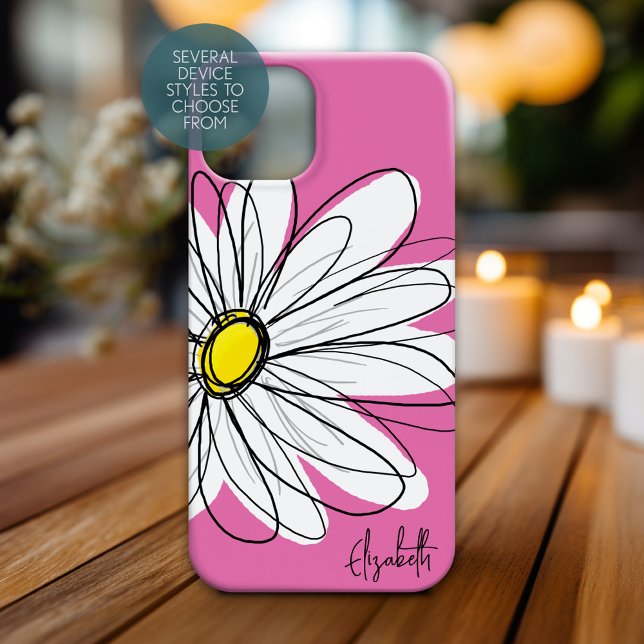 Trendy Daisy Floral Illustration - pink yellow Case-Mate iPhone Case (Personalized Phone Case with Whimsical Daisy and Custom Name)