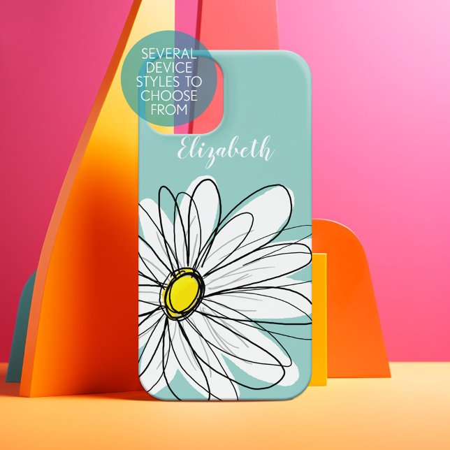 Trendy Daisy Floral Illustration - teal yellow iPhone Case (Personalized Phone Case)