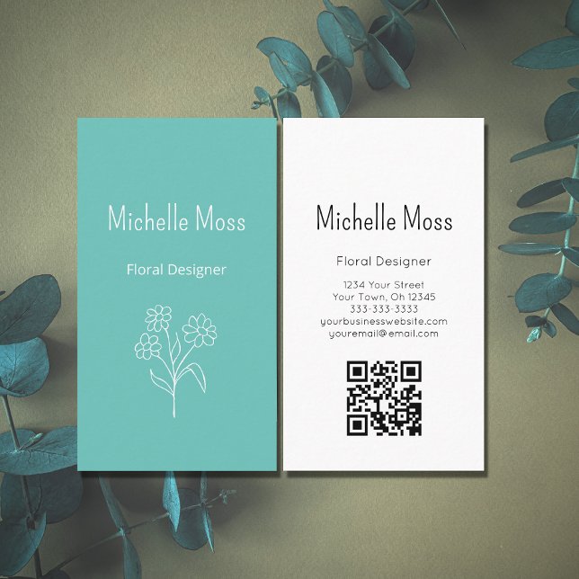 Trendy Daisy Teal QR code Floral Designer Business Card (Creator Uploaded)