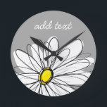 Trendy Daisy with gray and yellow Round Clock<br><div class="desc">A zen and whimsical, hipster piece of art. You can add a name, monogram or other custom text. If you need to move the art around, click on the customize button to make changes.</div>