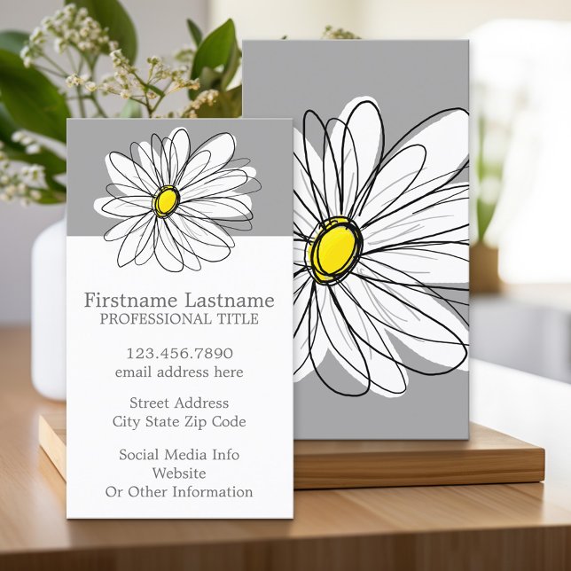 Trendy Daisy with grey and yellow Business Card (Custom Printed Business Card)