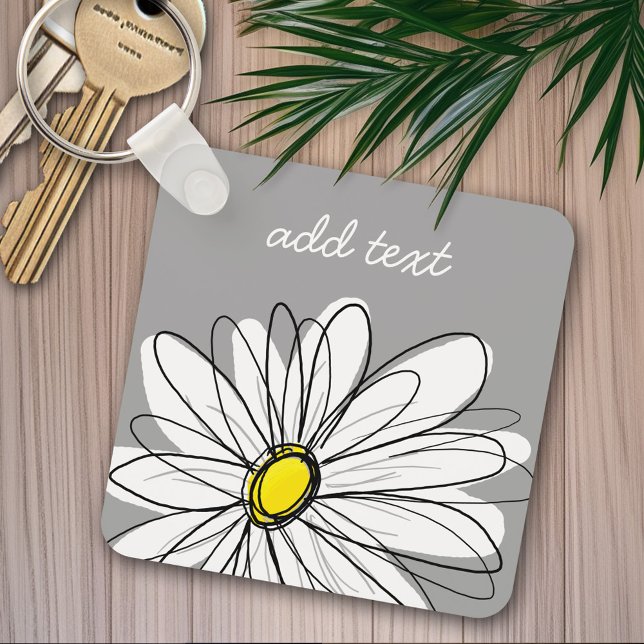 Trendy Daisy with grey and yellow Key Ring (Personalized keychain - whimsical daisy)