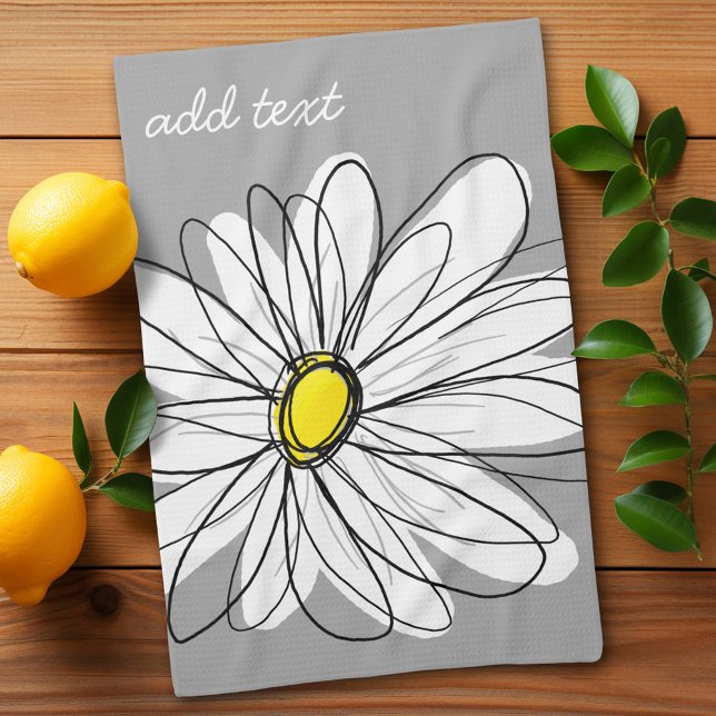 Trendy Daisy with grey and yellow Tea Towel (Whimsical Daisy Kitchen Towel with a place to personalize - makes a great gift)
