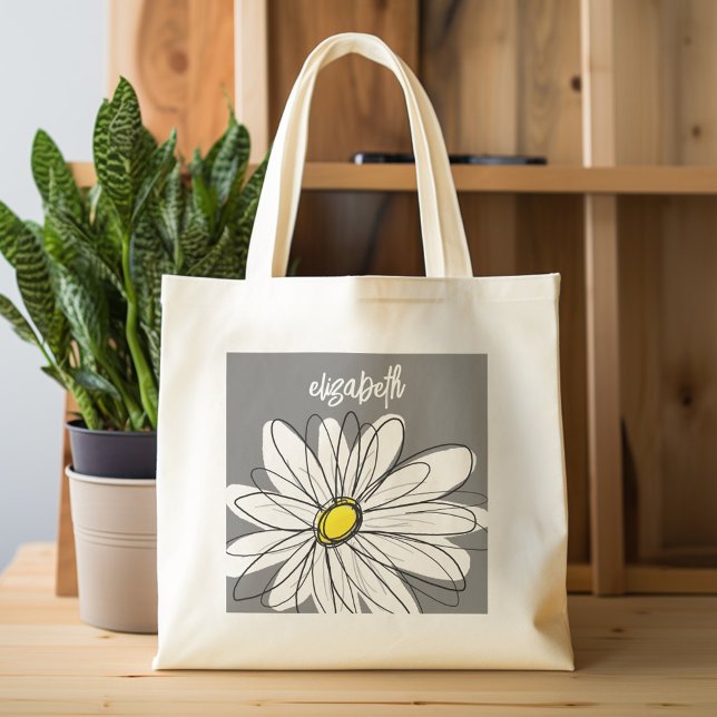 Trendy Daisy with grey and yellow Tote Bag (Personalized tote bag - whimsical daisy and name)