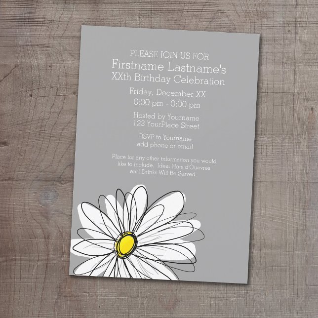 Trendy Daisy with grey yellow Birthday Party Invitation (Birthday Party Invitation with a Whimsical Daisy)