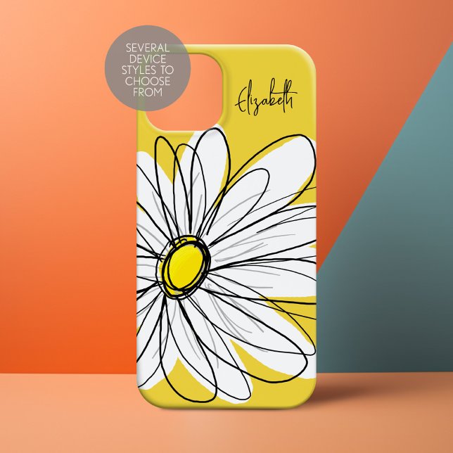 Trendy Daisy with Signature - yellow Case-Mate iPhone Case (Personalized Phone Case with Whimsical Daisy and Custom Name)