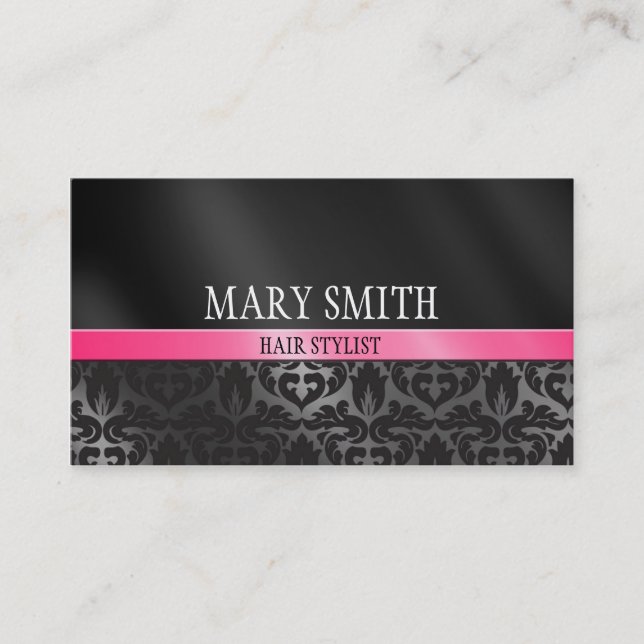 Trendy Damask Black and Pink Business Card Custom (Front)