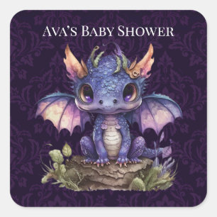 Trendy Damask Purple Dragon Girl Boy Baby Shower Square Sticker