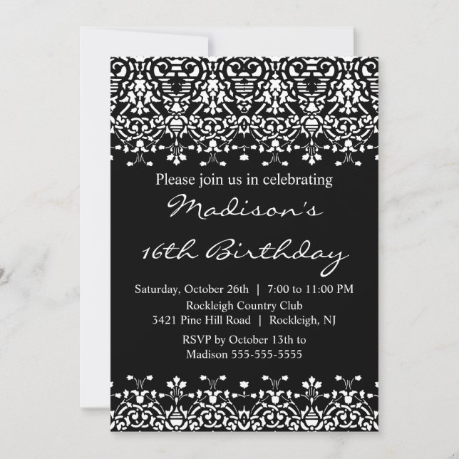 Trendy Damask Sweet Sixteen Birthday Invitation (Front)