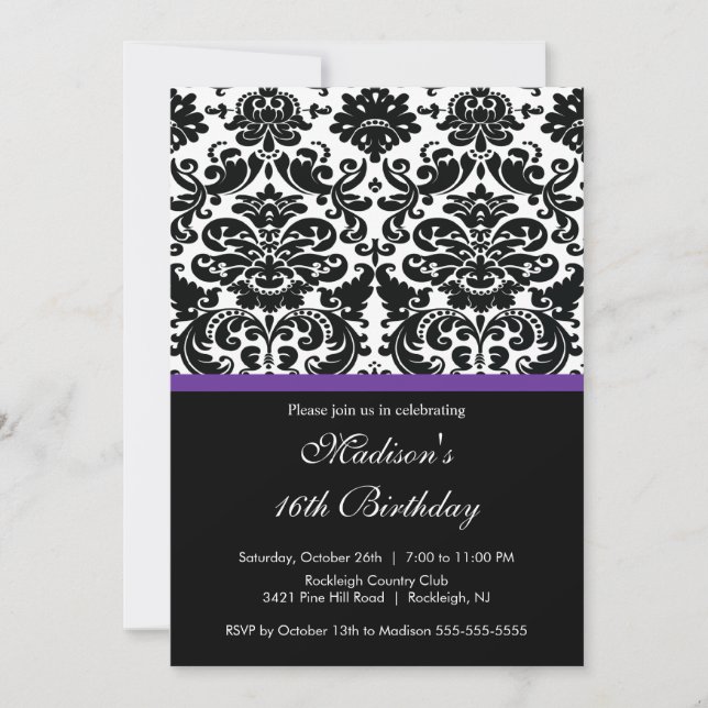 Trendy Damask Sweet Sixteen Birthday Invitation (Front)