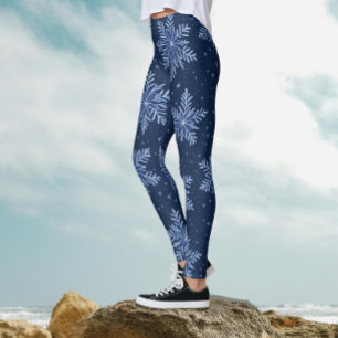 Trendy Dark Blue Night Winter Snowflake Pattern Leggings