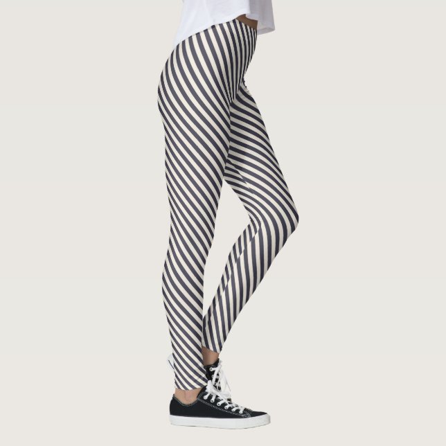 Trendy Dark Blue & White Diagonal Stripes  Leggings (Right)
