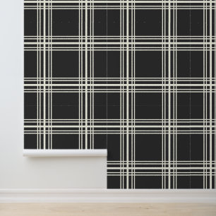 Trendy Dark Charcoal Black Ivory White Grid Lines Wallpaper