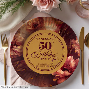 Trendy Dark Red Blush Gold Flowers 50th Birthday  Paper Plate