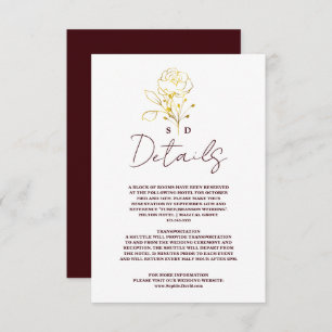 Trendy Deep Burgundy Gold Monogram Wedding Details Enclosure Card