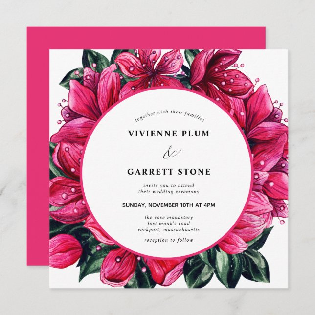 Trendy Deep Pink Floral Wedding Invitation (Front/Back)