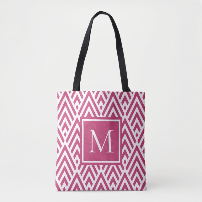 Trendy Deep Pink Monogram Arrow Diamond Pattern Tote Bag (Front)