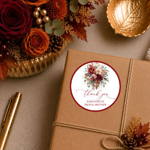 Trendy deep red floral autumn bridal shower sticke classic round sticker