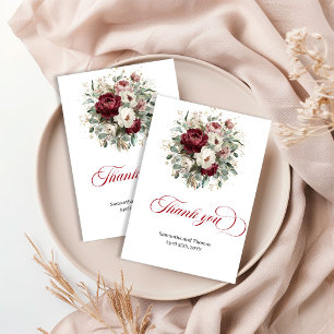 Trendy Deep Red Floral Greenery Gold Thank You Card