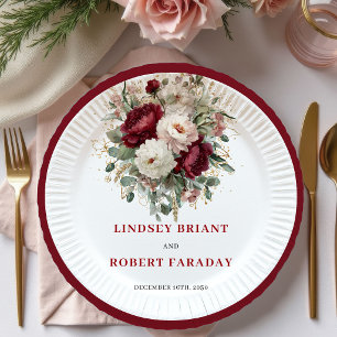 Trendy Deep Red Floral Greenery Wedding Plates