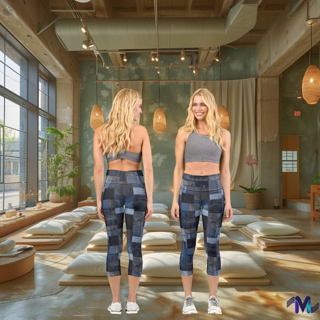 Trendy Denim Patchwork,Blue Tone,Custom Text Logo Capri Leggings (Creator Uploaded)