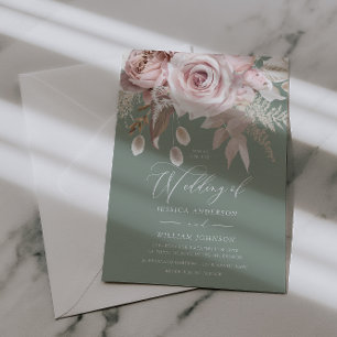 Trendy Designer Blush & Sage Wedding Invitation