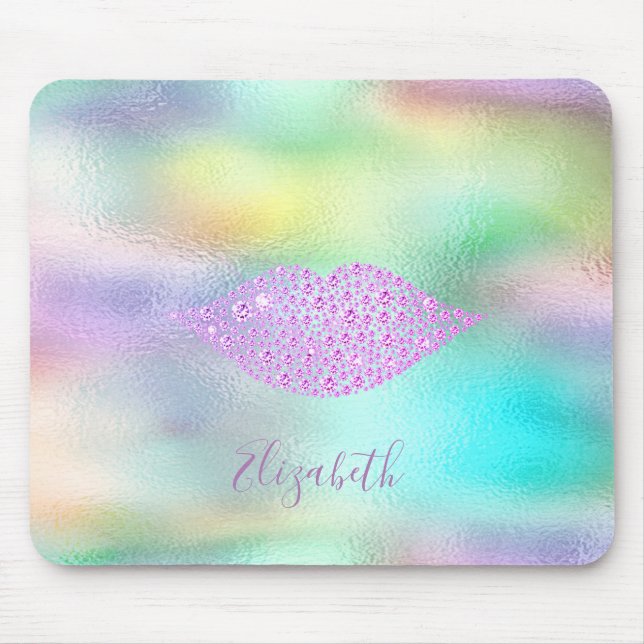Trendy Diamonds Lips Rainbow  Holographic Mouse Pad (Front)