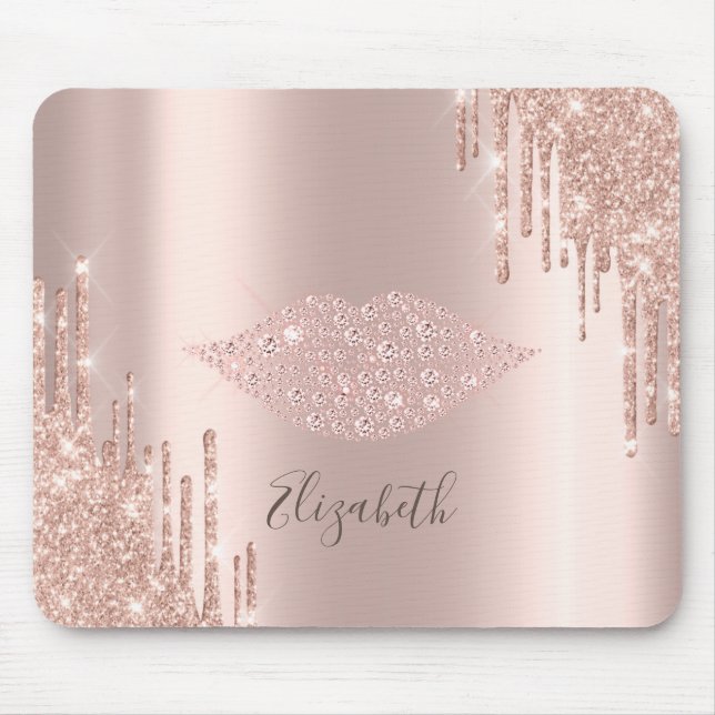 Trendy Diamonds Lips Rose Gold Glitter Drips Mouse Pad (Front)