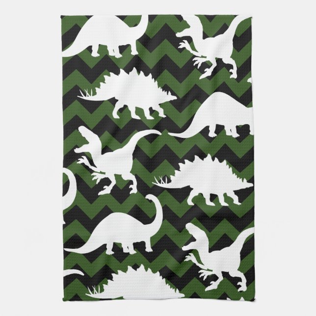 Trendy Dinosaur Silhouettes & Green Chevrons Tea Towel (Vertical)