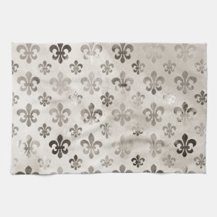 Trendy Distressed Silver Grey Fleur De Lis Pattern Tea Towel