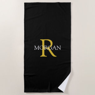 Trendy DIY Monogram & Name, Gold/White Text, Black Beach Towel
