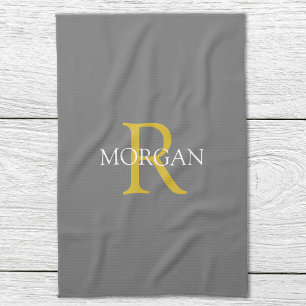 Trendy DIY Monogram & Name, Gold/White Text, Grey Tea Towel