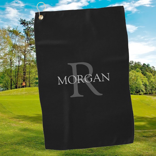 Trendy DIY Monogram & Name, Grey Text, Black Golf Towel (Creator Uploaded)