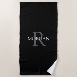 Trendy DIY Monogram & Name, Grey/White Text, Black Beach Towel