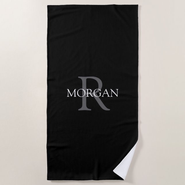 Trendy DIY Monogram & Name, Grey/White Text, Black Beach Towel (Front)
