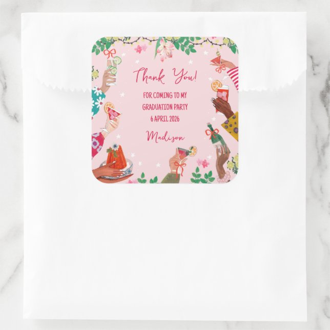 Trendy Doodle Cheers to Grad Photo Thank You Square Sticker (Bag)