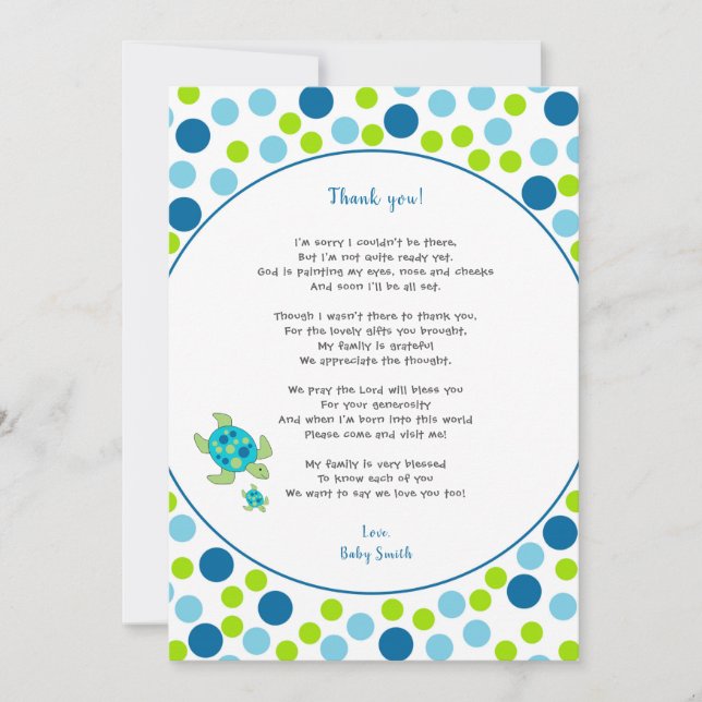 Trendy Dots Sea Turtle baby thank you note + poem (Front)